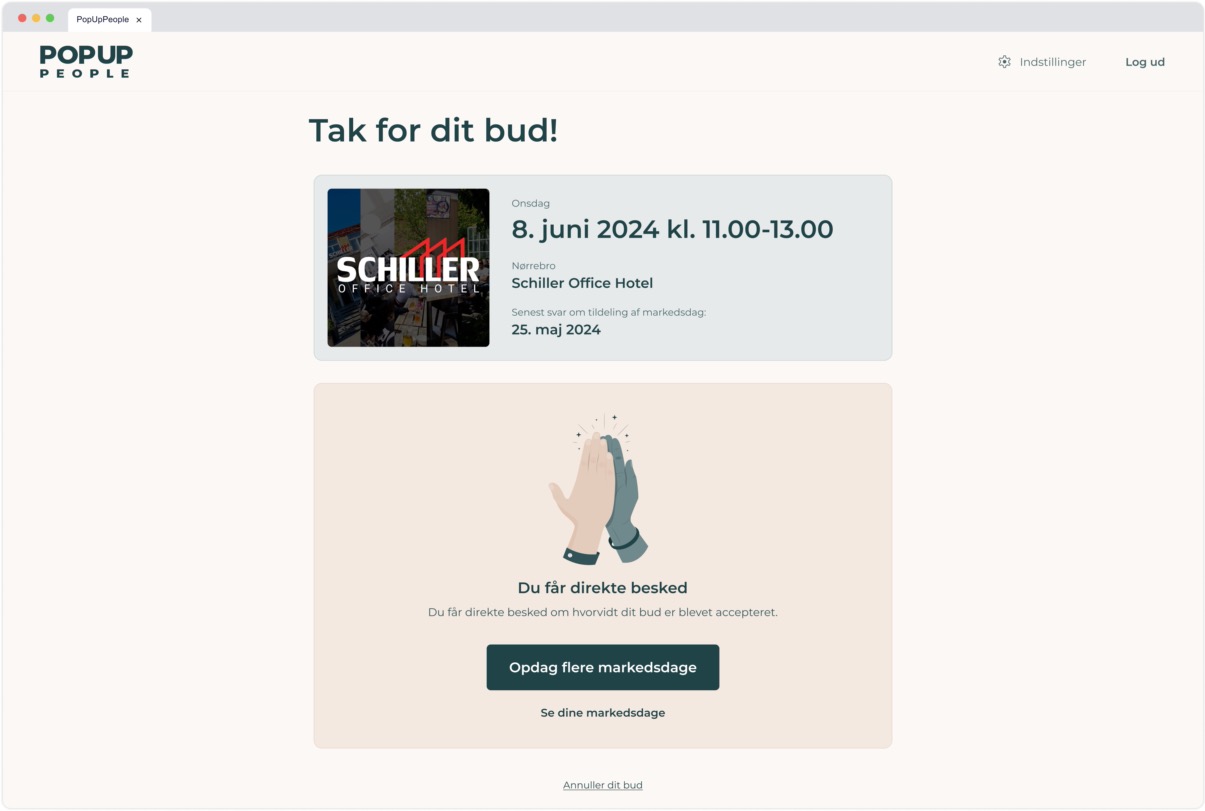 Thank-you page confirming bid submission with market-day summary and an illustration of two hands high-fiving, plus buttons to discover more market days or view existing ones.